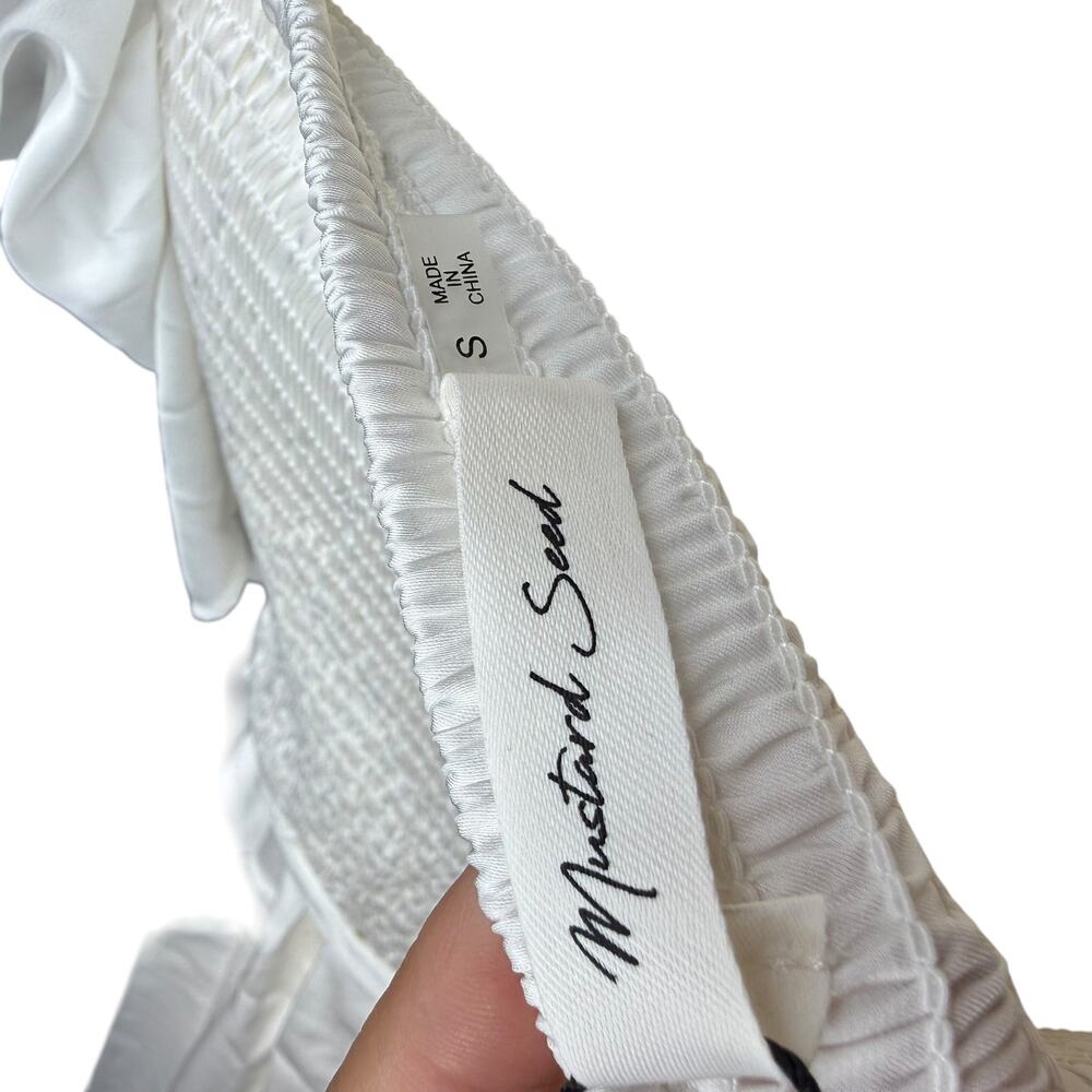 Mustard Seed White Satin Mini Dress Small Puff Sleeve Ruched Tie Cottagecore NWT - Picture 8 of 8